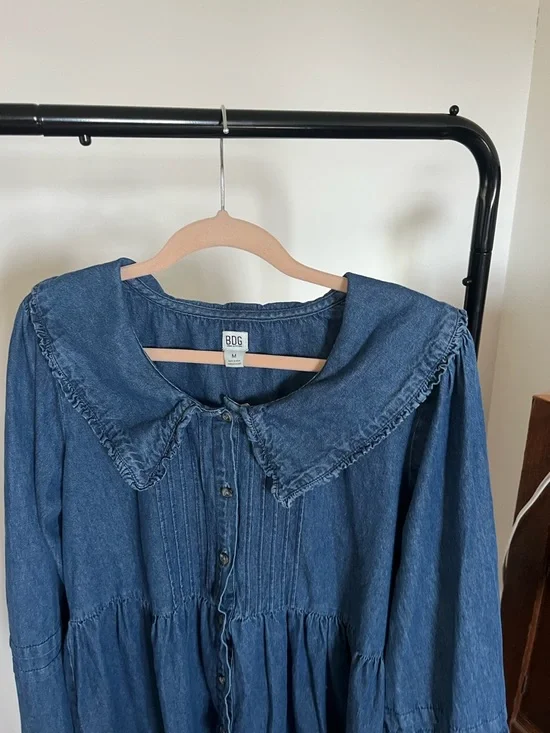 BDG Denim Blue Tiered Button-Front Dress with Ruffled Collar - Picture 2 of 5